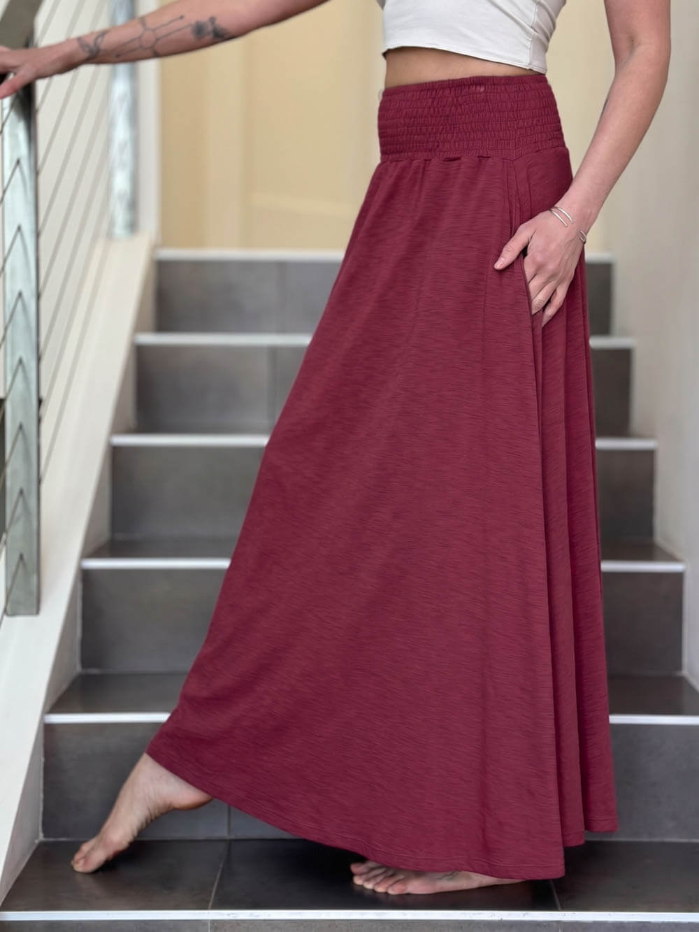 caraucci crimson red cotton smocked waist full maxi skirt with pockets #color_crimson