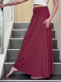 caraucci crimson red cotton smocked waist full maxi skirt with pockets #color_crimson