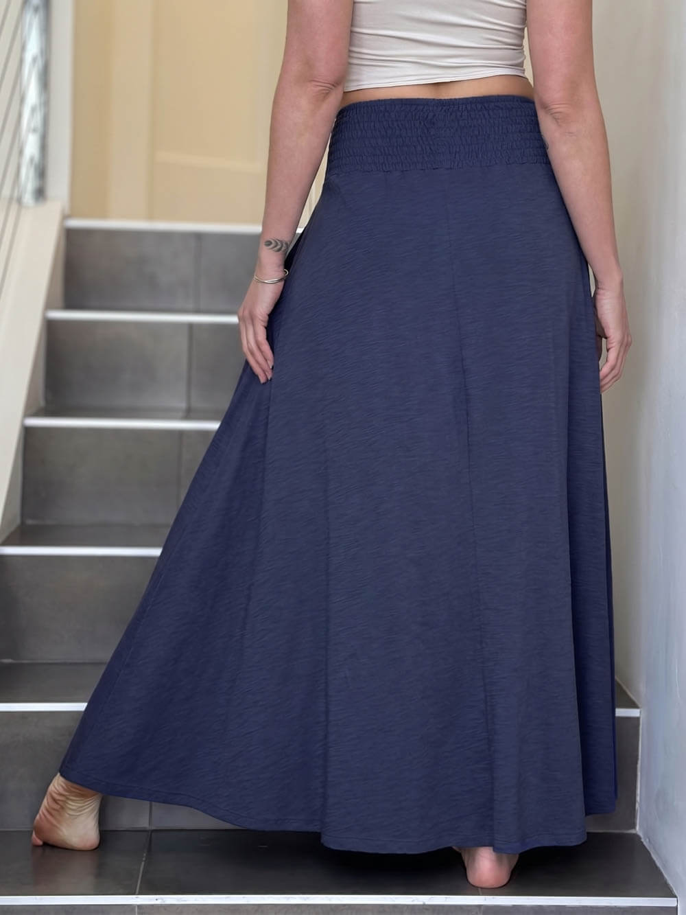 caraucci midnight blue cotton smocked waist full maxi skirt with pockets #color_midnight