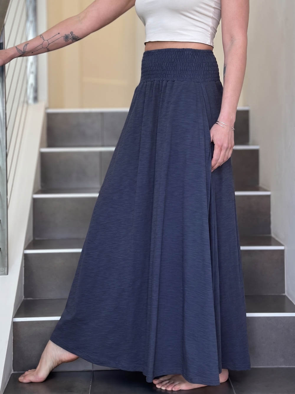 caraucci midnight blue cotton smocked waist full maxi skirt with pockets #color_midnight