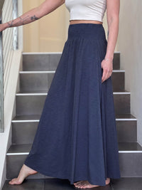 caraucci midnight blue cotton smocked waist full maxi skirt with pockets #color_midnight