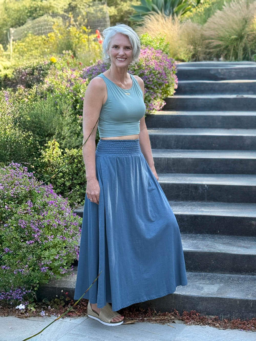 caraucci blue cotton smocked waist pocket skirt #color_pacific