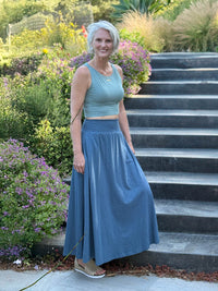 caraucci blue cotton smocked waist pocket skirt #color_pacific