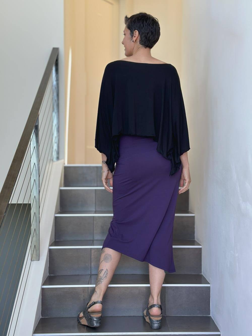 caraucci purple ruched waist midi slit skirt #color_plum