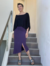 caraucci purple ruched waist midi slit skirt #color_plum