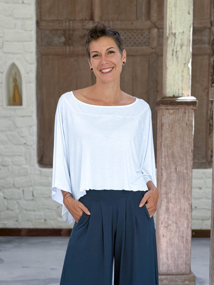 carauccI women's natural rayon jersey loose fit white wide neck top  #color_white