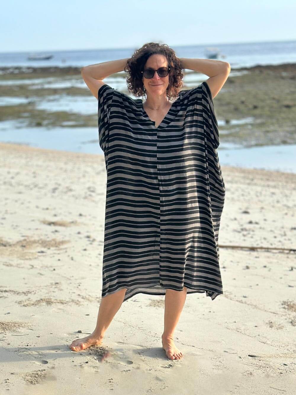 caraucci loose oversized black and grey print rayon chiffon draped open shoulder kaftan #color_black-stripe