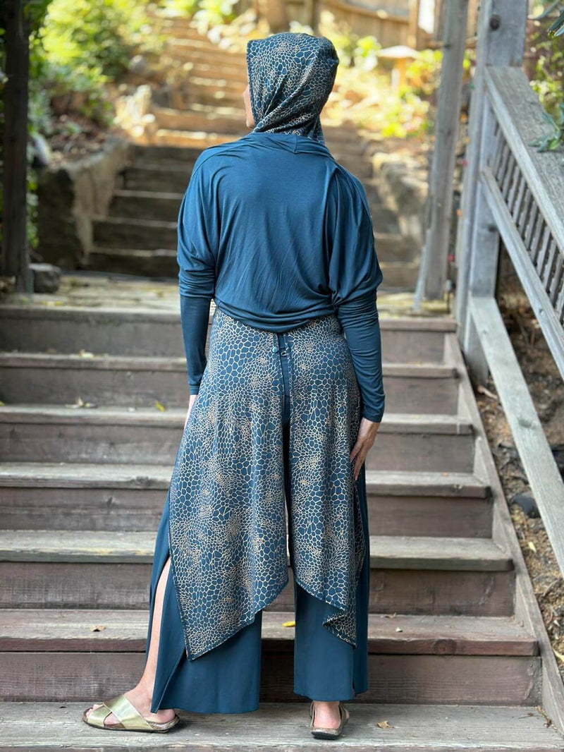 women's plant based rayon jersey snake print teal blue and gold adjustable hooded wrap vest or top #color_teal