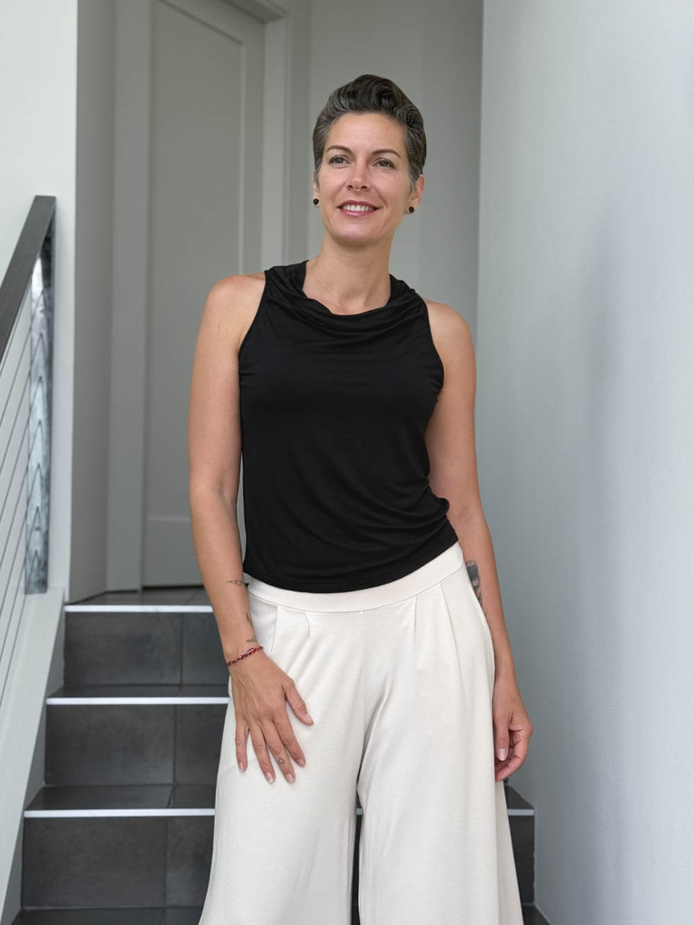 caraucci racerback cowl neck black tank top #color_black
