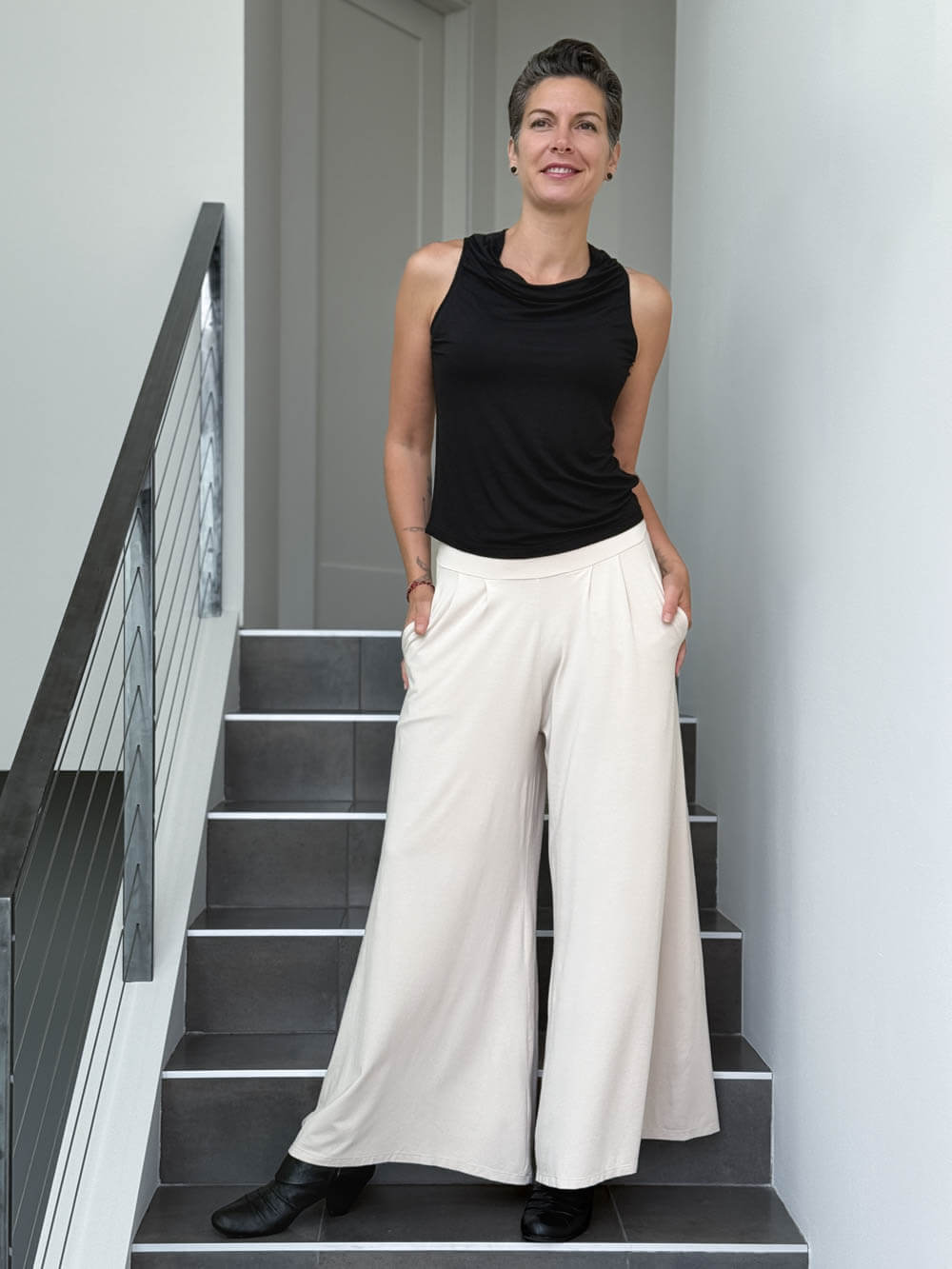 caraucci racerback cowl neck black tank top #color_black