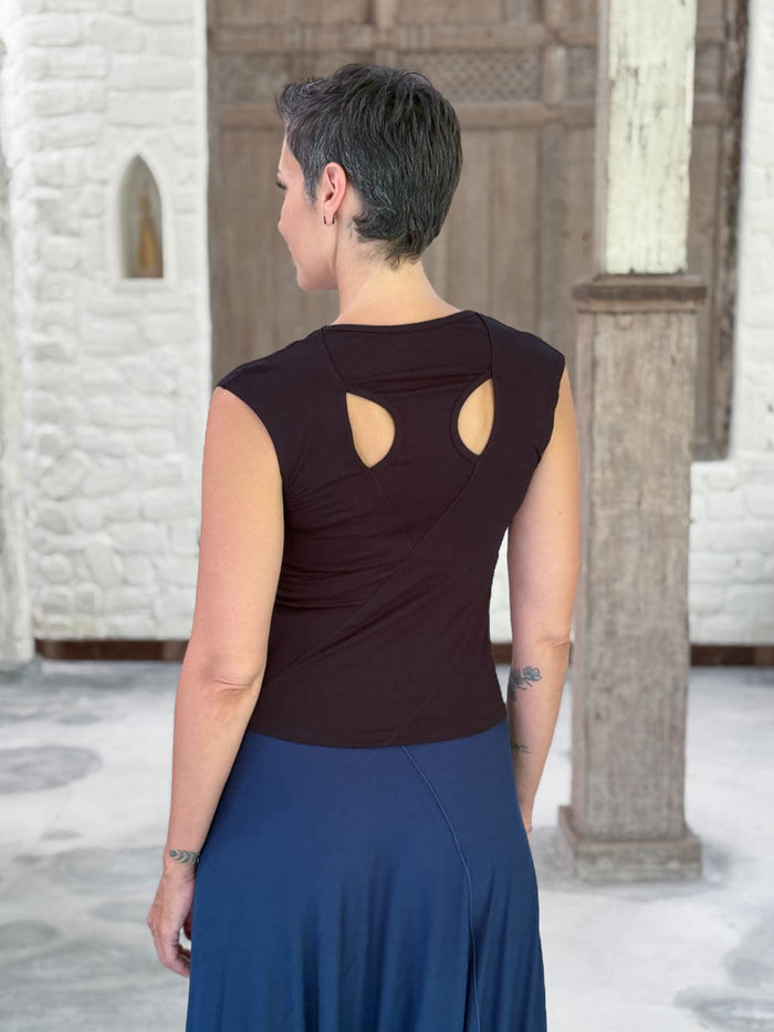 Back view of the CARAUCCI Racerback Top in black featuring a bra-friendly racerback design #color_black