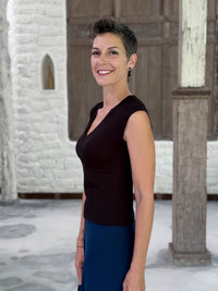 CARAUCCI Racerback Top in black crafted from soft stretch rayon jersey with a V-neck and waist-length fit #color_black