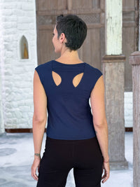 Back view of the CARAUCCI Racerback Top in  navy blue featuring a bra-friendly racerback design #color_navy