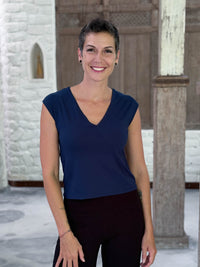 CARAUCCI Racerback Top in navy blue crafted from soft stretch rayon jersey with a V-neck and waist-length fit #color_navy