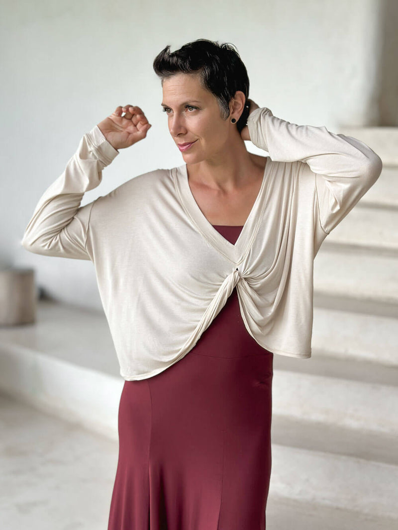 caraucci lightweight plant-based-rayon jersey cream reversible long sleeve knot front shrug top #color_cream