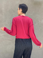 caraucci lightweight plant-based-rayon jersey scarlet red reversible long sleeve knot front shrug top #color_scarlet