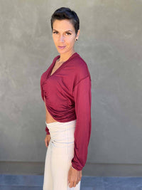 caraucci lightweight plant-based-rayon jersey scarlet red reversible long sleeve knot front shrug top #color_scarlet