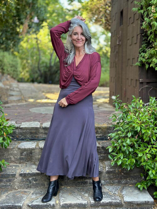 caraucci lightweight plant-based-rayon jersey maroon reversible long sleeve knot front shrug top #color_wine