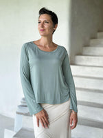 caraucci reversible sage green ruched long sleeve top #color_moss