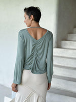 caraucci reversible sage green ruched long sleeve top #color_moss