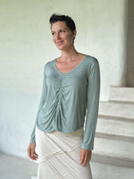 caraucci reversible sage green ruched long sleeve top #color_moss