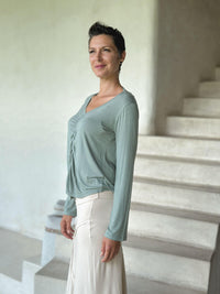 caraucci reversible sage green ruched long sleeve top #color_moss