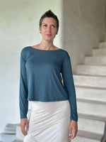 caraucci reversible teal blue ruched long sleeve top #color_teal