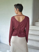 caraucci reversible maroon ruched long sleeve top #color_wine