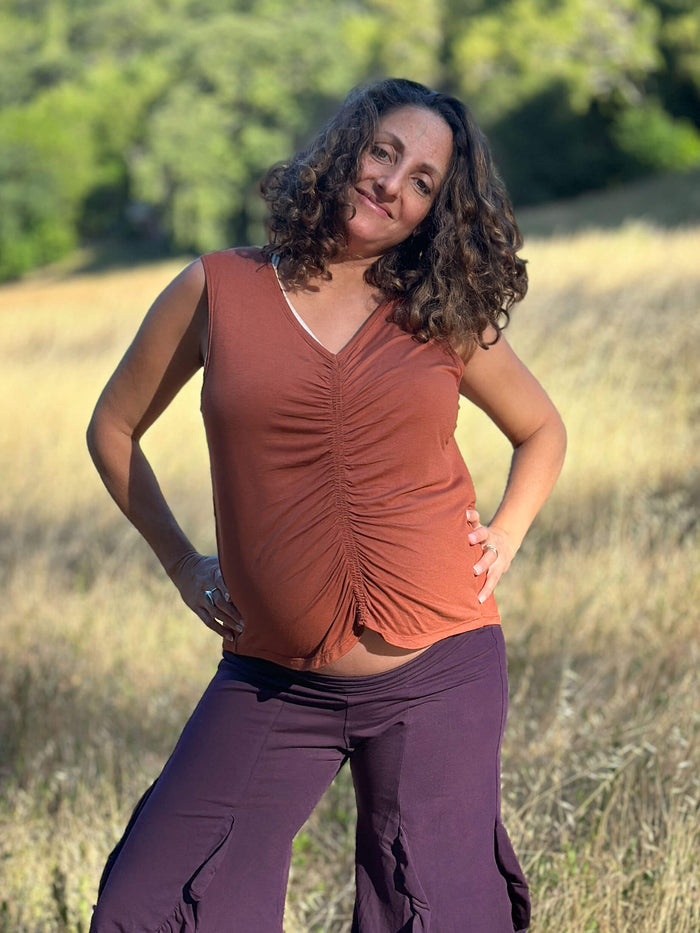 caraucci plant-based lightweight rayon jersey rust reversible ruched tank top #color_copper