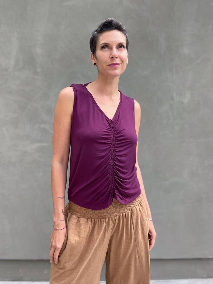 caraucci plant-based lightweight rayon jersey purple reversible ruched tank top #color_jam