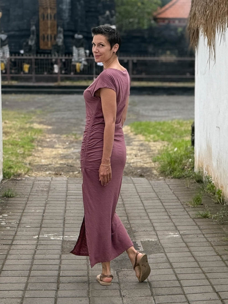 caraucci pink cotton ruched midi dress with cap sleeves and side slit #color_mangosteen