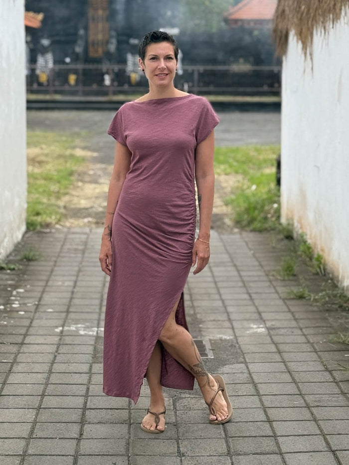 caraucci pink cotton ruched midi dress with cap sleeves and side slit #color_mangosteen