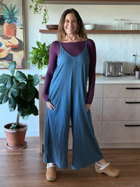 caraucci blue cotton one-piece wide leg jumper with adjustable ruching #color_pacific