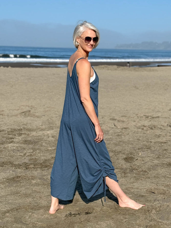 caraucci blue cotton one-piece wide leg jumper with adjustable ruching #color_pacific