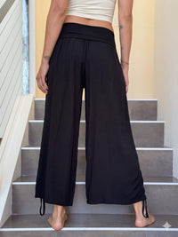 caraucci black lightweight rayon loose fit adjustable side ruched pants with stretchy wide waistband #color_black