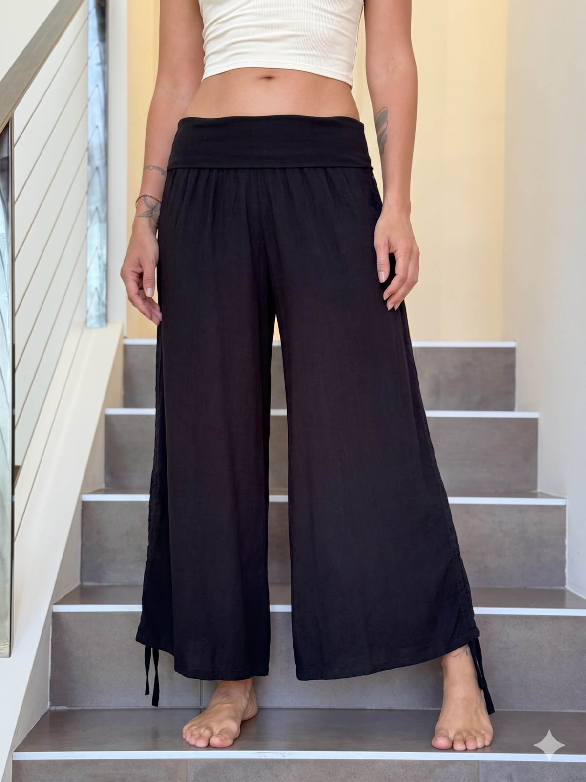 caraucci black lightweight rayon loose fit adjustable side ruched pants with stretchy wide waistband #color_black