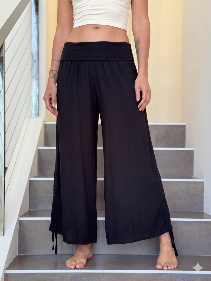 caraucci black lightweight rayon loose fit adjustable side ruched pants with stretchy wide waistband #color_black