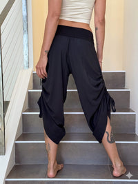 caraucci black lightweight rayon loose fit adjustable side ruched pants with stretchy wide waistband #color_black