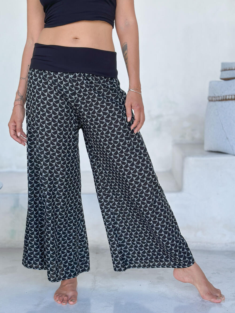 Zig Zag Print Ruched Pants  Women's High-Waisted Wide-Leg Pants