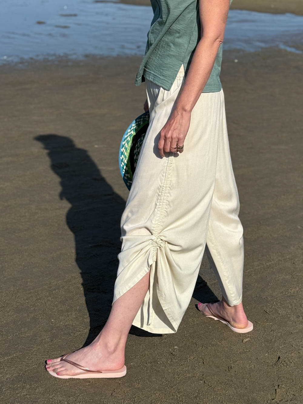 women's natural rayon lightweight loose fit adjustable cream side ruched pants with stretchy wide waistband #color_winter-white