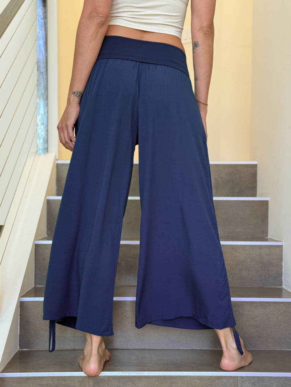 women's natural rayon lightweight loose fit adjustable side ruched navy pants with stretchy wide waistband #color_navy