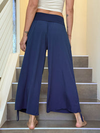 women's natural rayon lightweight loose fit adjustable side ruched navy pants with stretchy wide waistband #color_navy