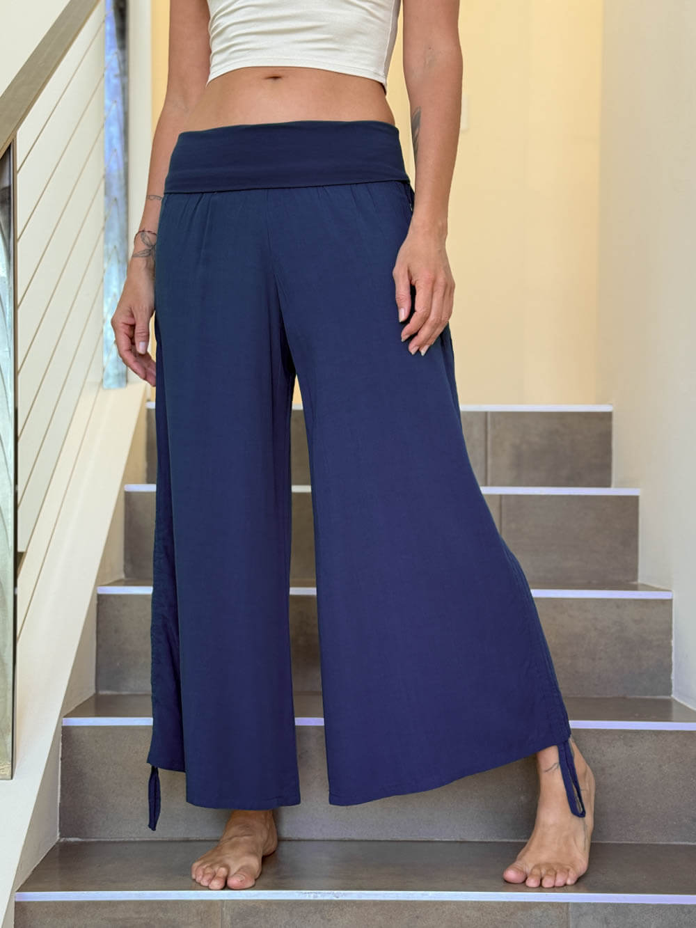 women's natural rayon lightweight loose fit adjustable side ruched navy pants with stretchy wide waistband #color_navy
