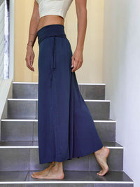 women's natural rayon lightweight loose fit adjustable side ruched navy pants with stretchy wide waistband #color_navy