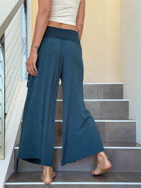 women's natural rayon lightweight loose fit adjustable side ruched pants with stretchy wide waistband #color_teal