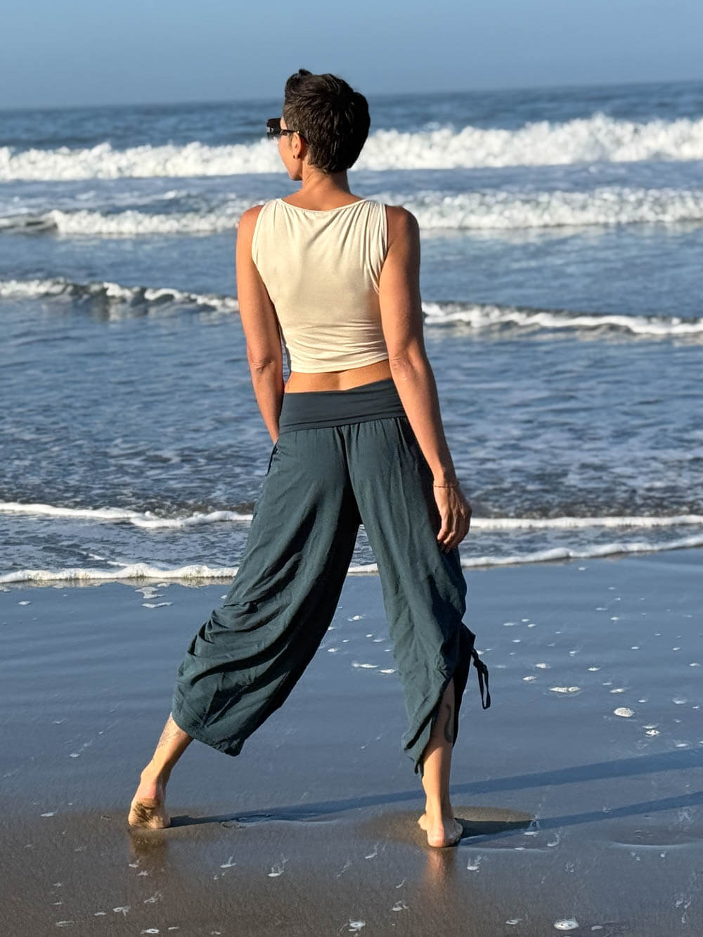 women's natural rayon lightweight loose fit adjustable side ruched pants with stretchy wide waistband #color_teal