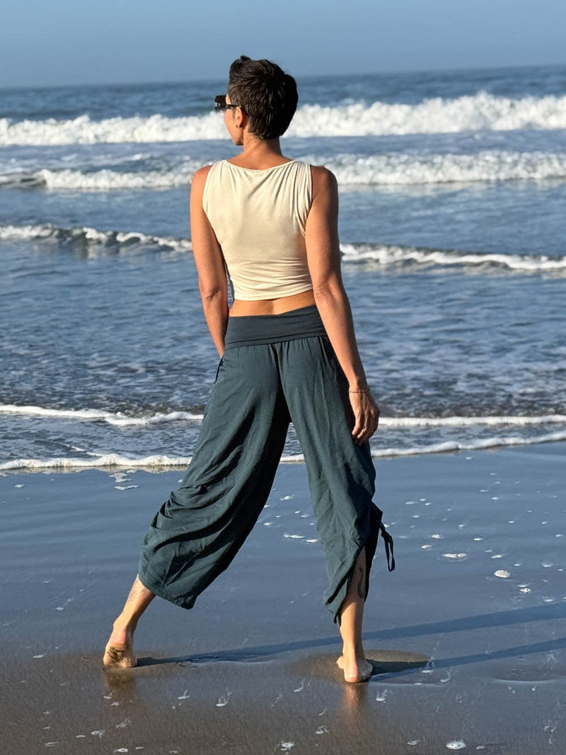 women's natural rayon lightweight loose fit adjustable side ruched pants with stretchy wide waistband #color_teal
