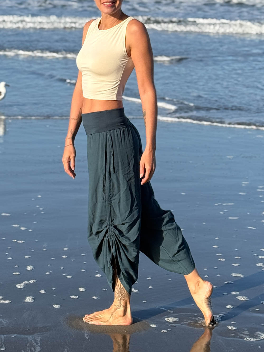 women's natural rayon lightweight loose fit adjustable side ruched pants with stretchy wide waistband #color_teal