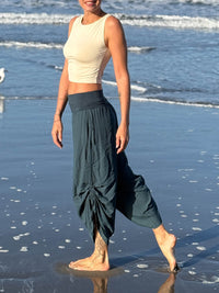 women's natural rayon lightweight loose fit adjustable side ruched pants with stretchy wide waistband #color_teal