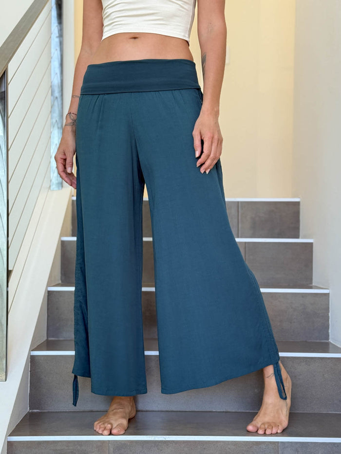 women's natural rayon lightweight loose fit adjustable side ruched pants with stretchy wide waistband #color_teal